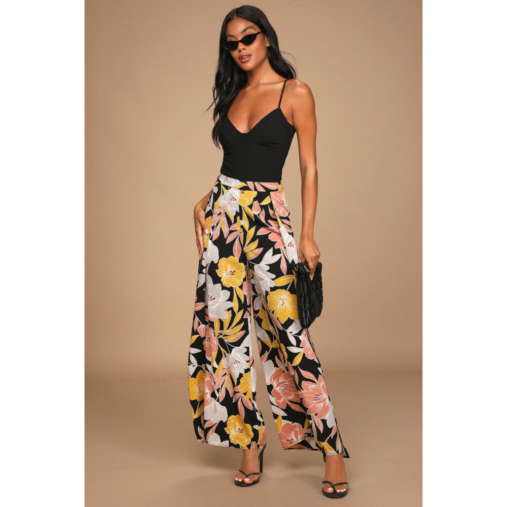 Lulus Blissful Vacay Black Floral Print Side Slit Pants - Size XL NWT